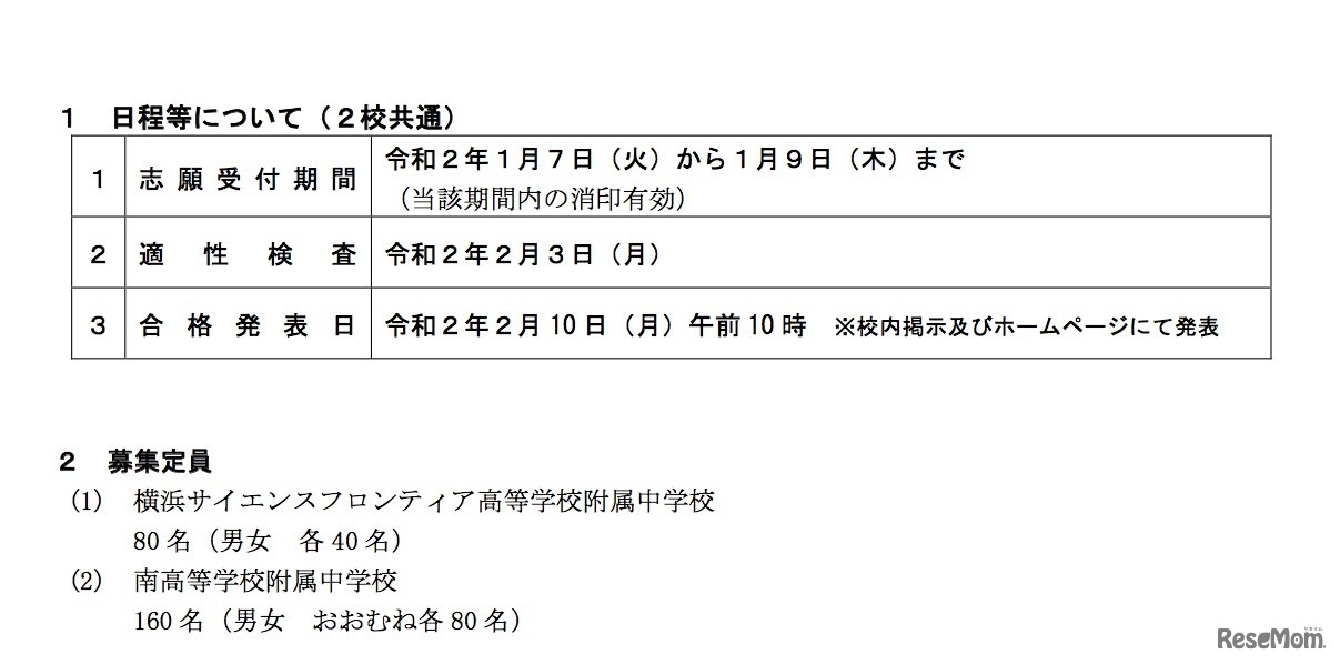 横浜市教育委員会　令和2年度（2020年度）「入学者の募集および決定に関する要項」各校の日程と募集定員