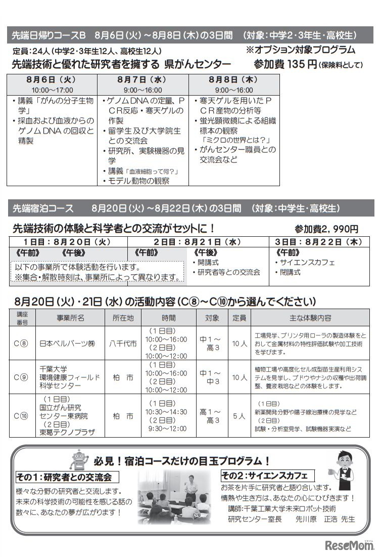 キャリア教育「科学・先端技術体験キャンプ」（中高生対象）