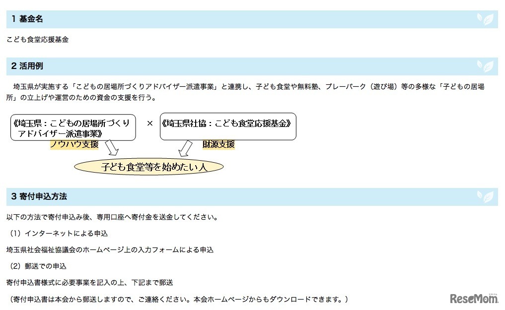 「こども食堂応援基金」活用例、寄付申込方法