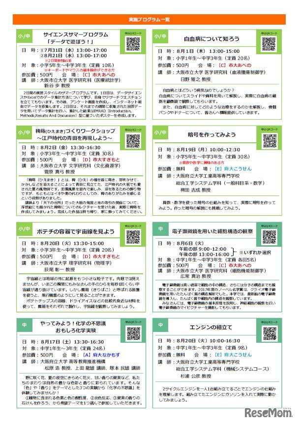 小・中学生向け実施プログラム一覧