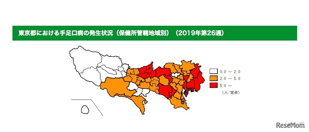 東京都における手足口病の発生状況（保健所管轄地域別・2019年第26週）