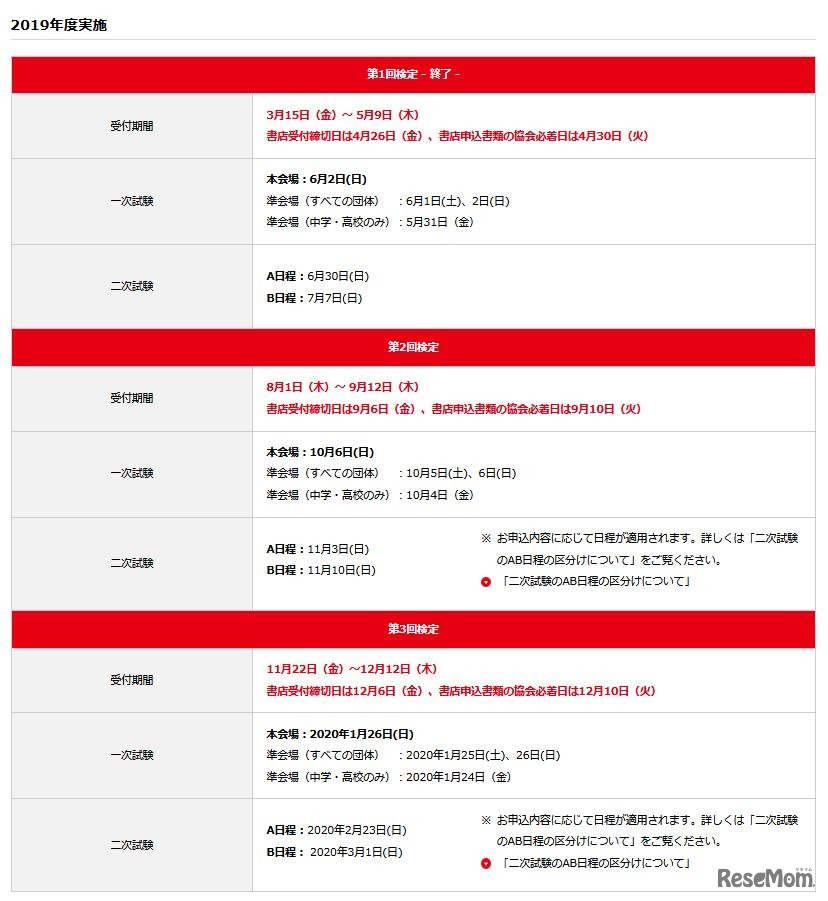 英検の2019年度試験日程