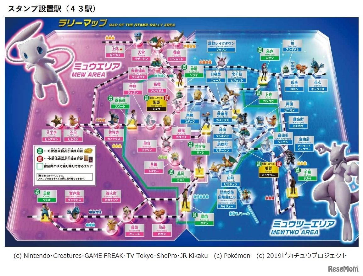 スタンプ設置駅（43駅）　(c) Nintendo･Creatures･GAME FREAK･TV Tokyo･ShoPro･JR Kikaku　(c) Pokemon　(c) 2019ピカチュウプロジェクト