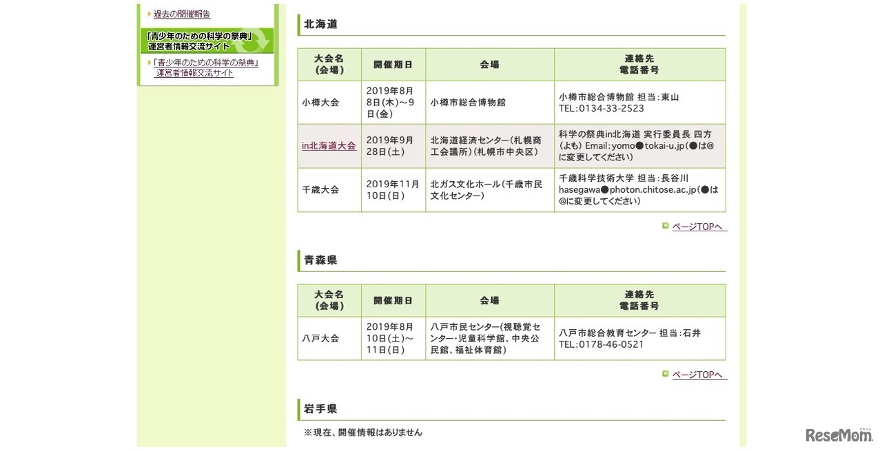 青少年のための科学の祭典 2019年度の開催予定（一部）