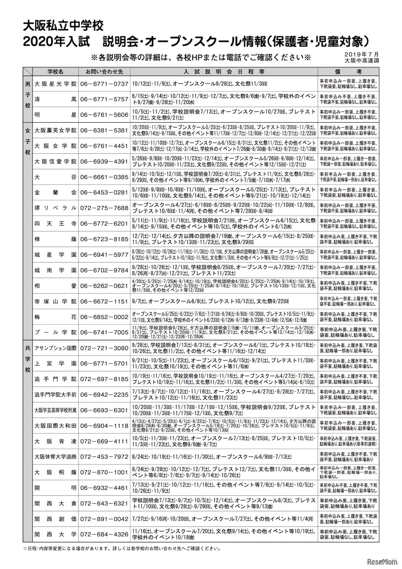 大阪私立中学校 2020年入試 説明会・オープンスクール情報（保護者・児童対象）