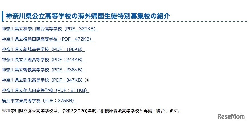 2020年度（令和2年度）神奈川県公立高等学校入学者選抜　海外帰国生徒特別募集校