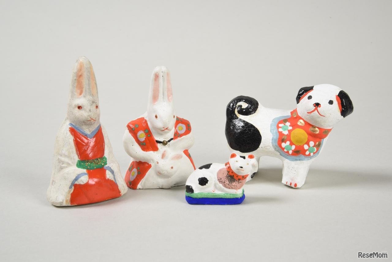 土人形（左より月待うさぎ・子持うさぎ・よこ猫・秋田犬） 金沢（尾張屋）春吉作