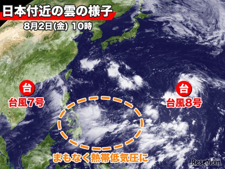 日本付近の雲のようす（8月2日午前10時時点）