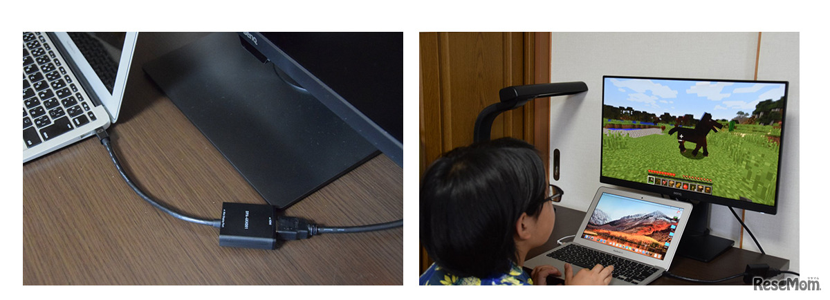 MacBookAirのThunderbolt端子とHDMI変換コネクタを経由し、MacBookAirにつないだ。