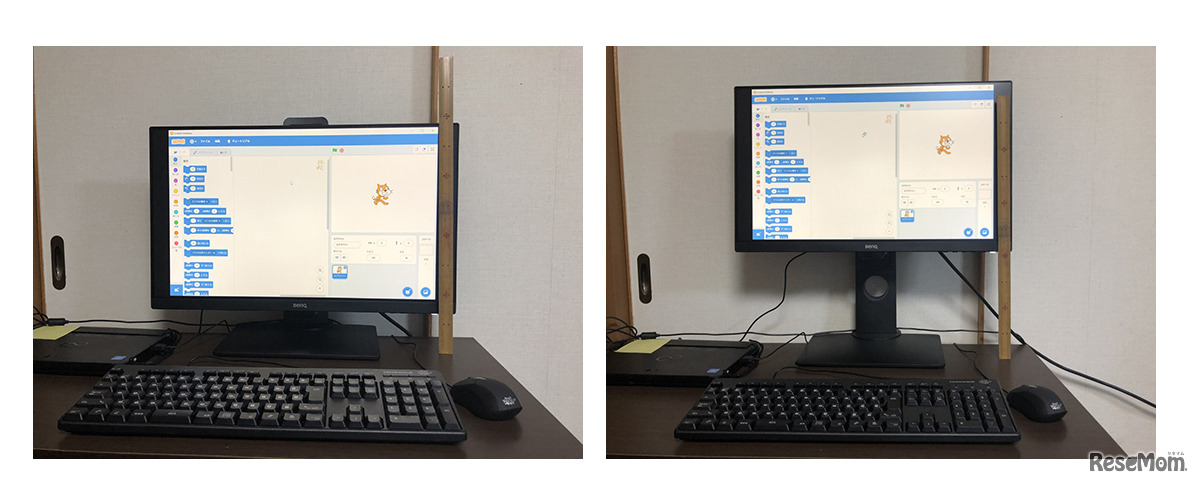 液晶をもっとも低くした場合と、高くした場合。子どもの成長に合わせて、高さを変えられる点もポイントだ。家族で共有する際にも、非常に重宝する。