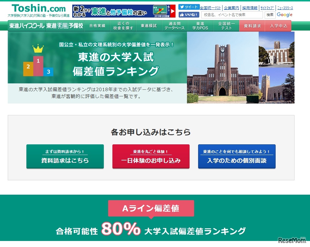東進の大学入試偏差値ランキング