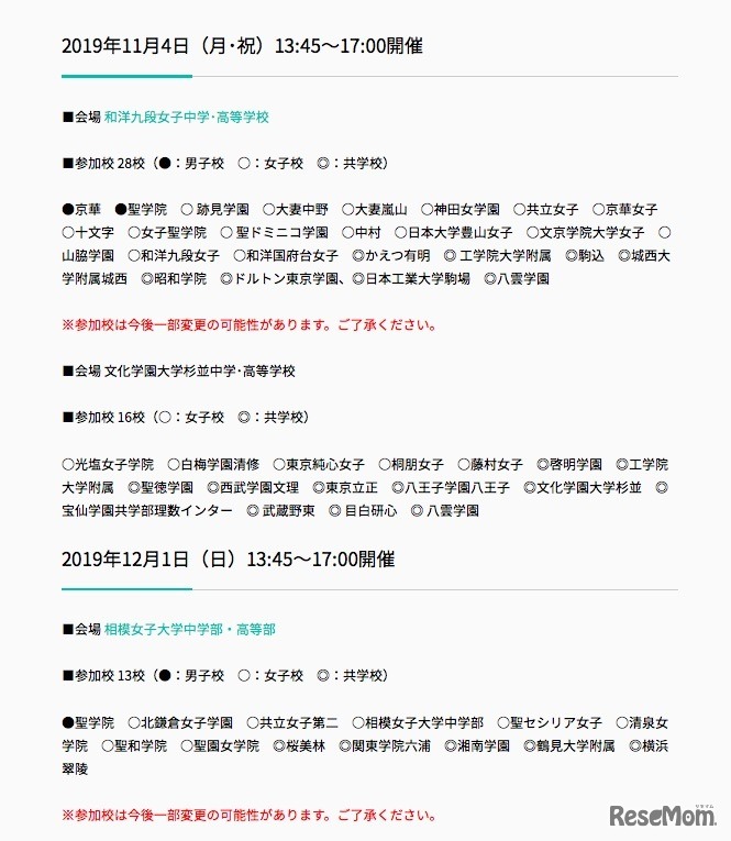 「新入試体験！私立中コラボフェスタ」各会場の参加校