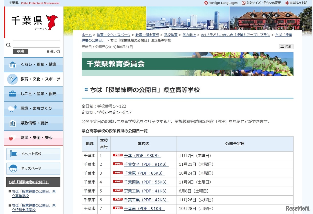 ちば「授業練磨の公開日」県立高等学校