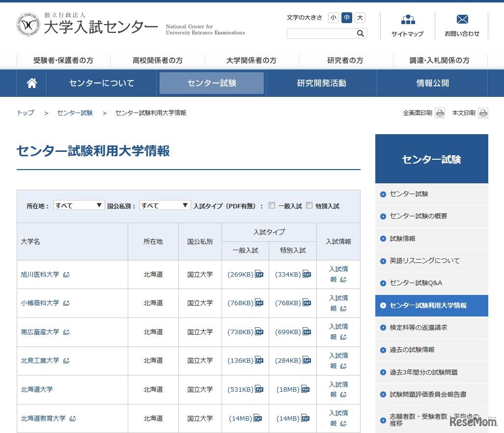 センター試験利用大学情報（一部）