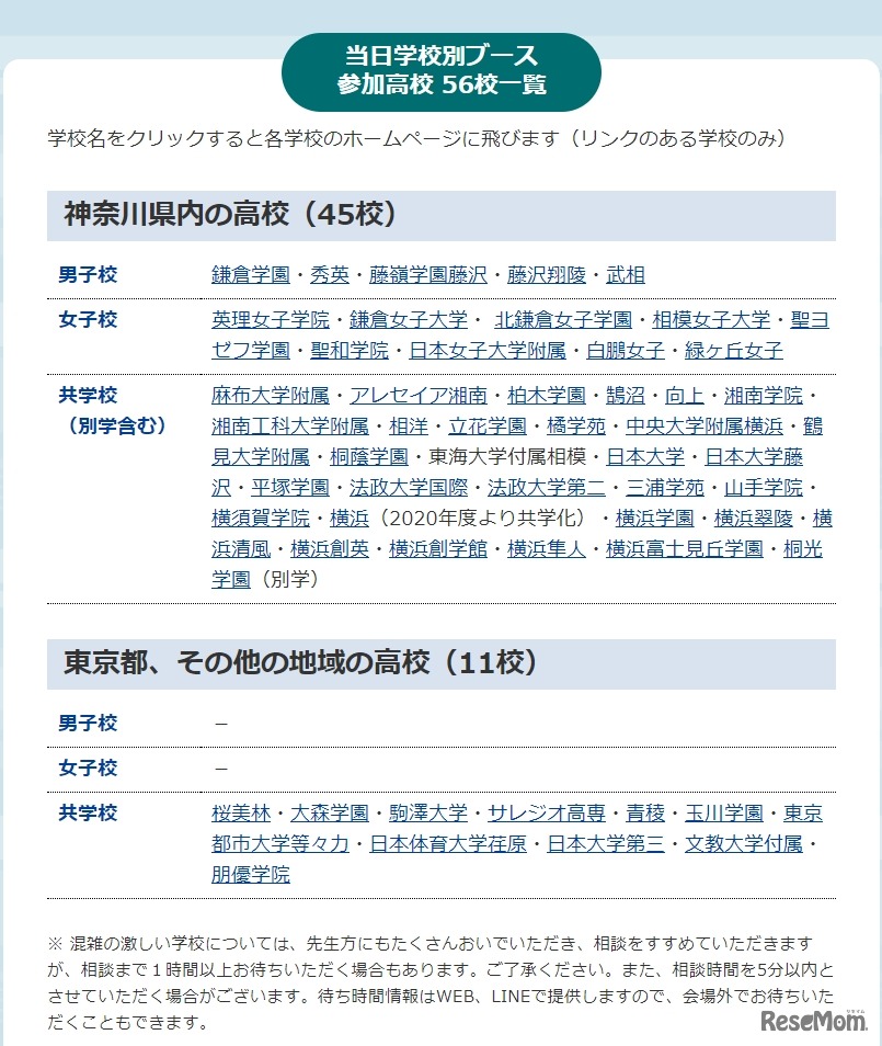 当日学校別ブース参加高校 56校一覧