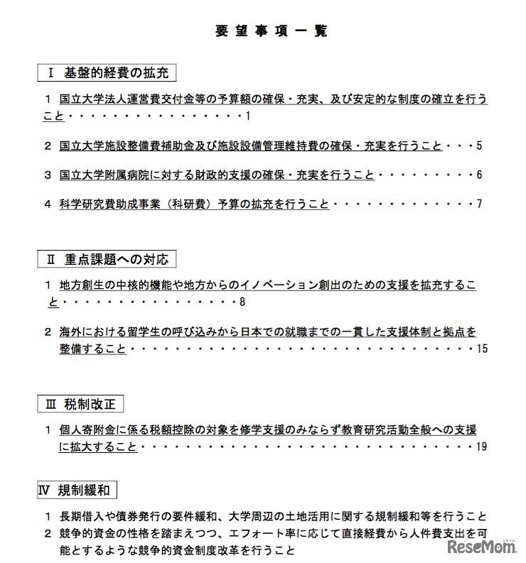 2020年度予算における国立大学関係予算の充実および税制改正等について　要望項目一覧
