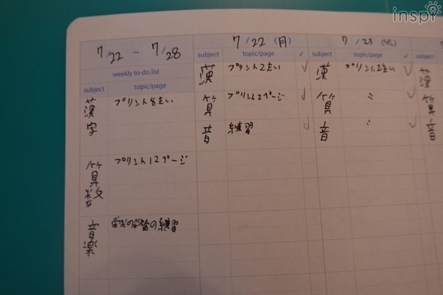 週ごとの目標欄と日ごとの目標欄