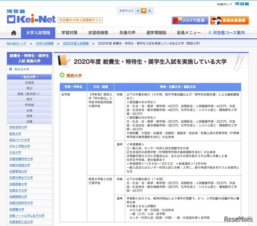 給費生・特待生・奨学生入試 実施大学（関西大学）