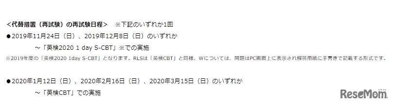 代替措置（再試験）の再試験日程