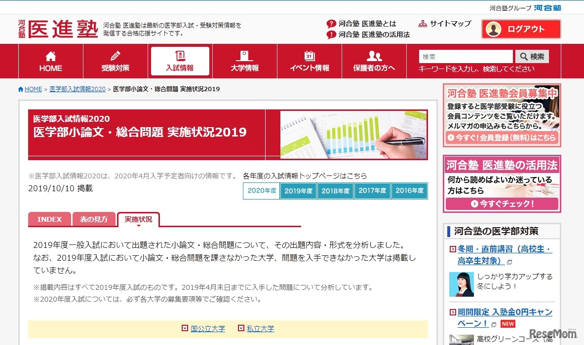 医学部小論文・総合問題 実施状況2019