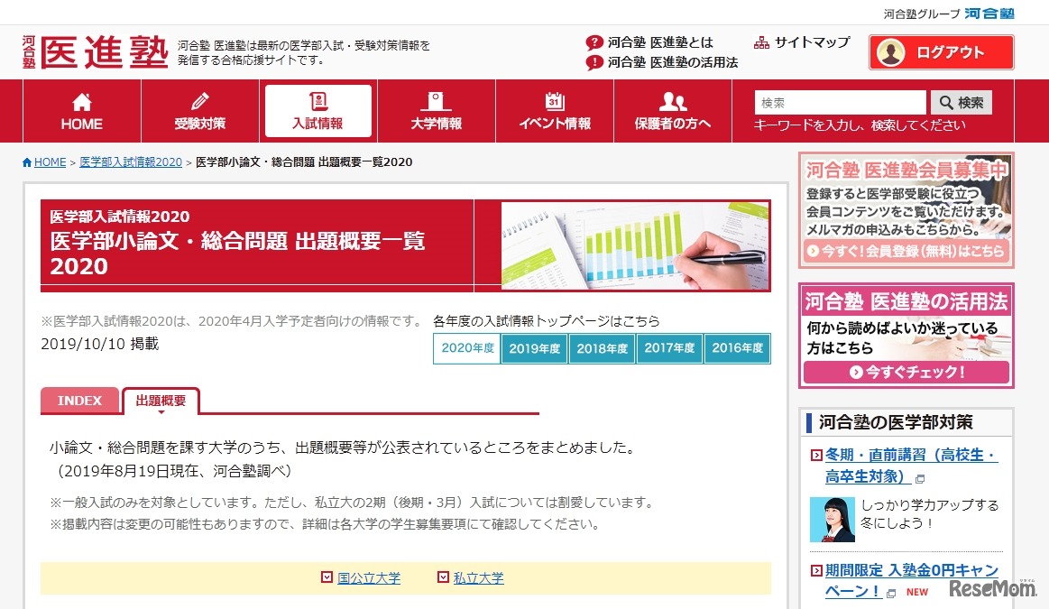 医学部小論文・総合問題 出題概要一覧2020