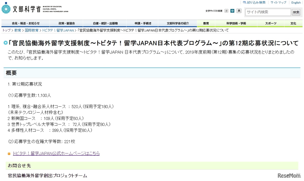 トビタテ！留学JAPAN　第12期応募状況