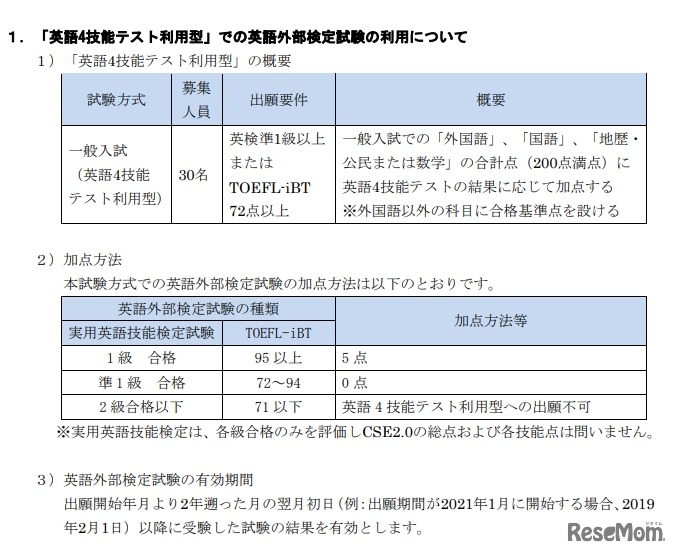 商学部「英語4技能テスト利用型」での英語外部検定試験の利用について