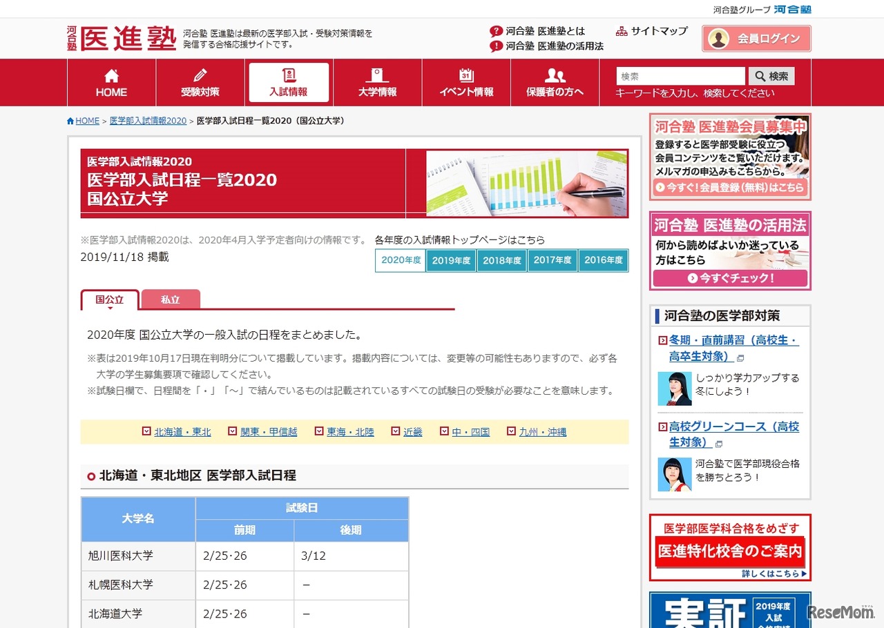 医学部入試日程一覧2020国公立大学