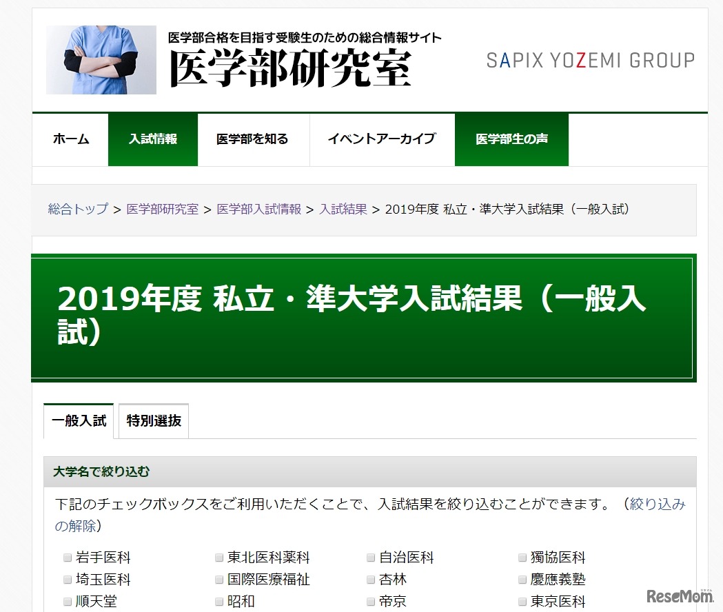 医学部研究室「2019年度 私立・準大学入試結果」