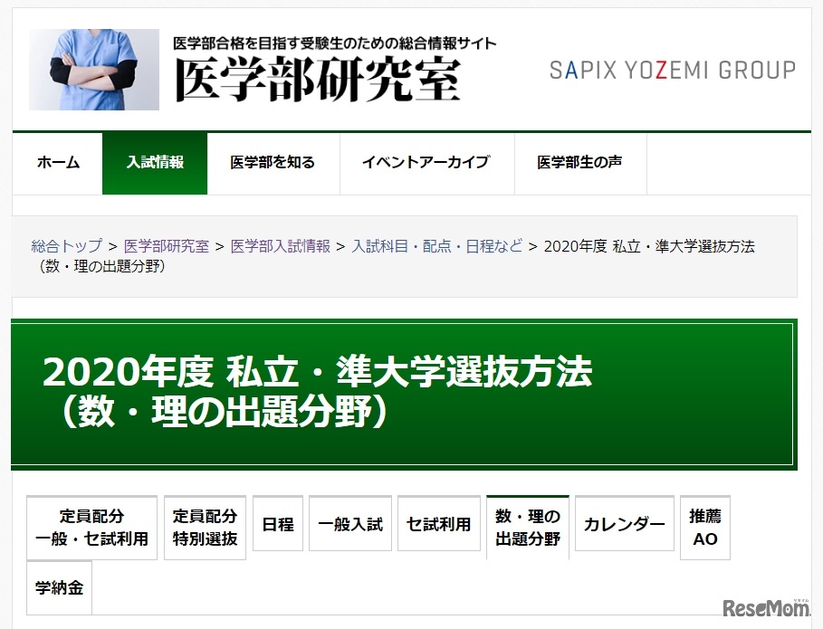 2020年度 私立・準大学選抜方法（数・理の出題分野）