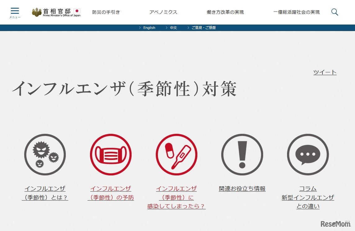 首相官邸「インフルエンザ（季節性）対策」