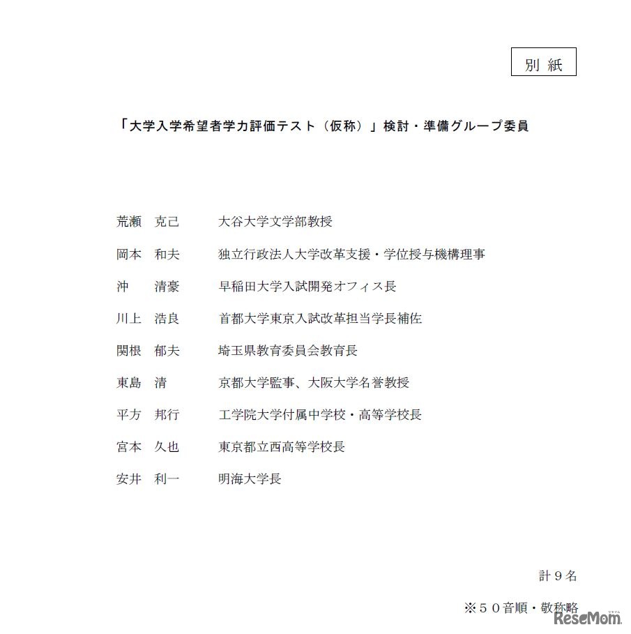「大学入学希望者学力評価テスト（仮称）」検討・準備グループ委員名簿（第1回配布資料）