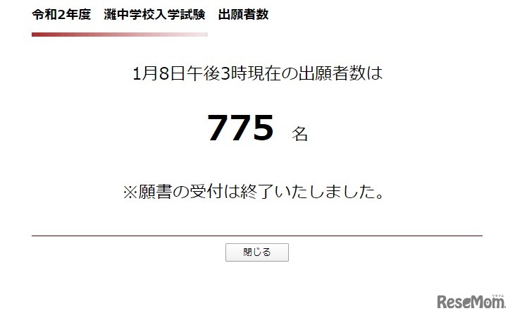 2020年度（令和2年度）灘中学校入学試験　出願者数（2020年1月8日午後3時時点）