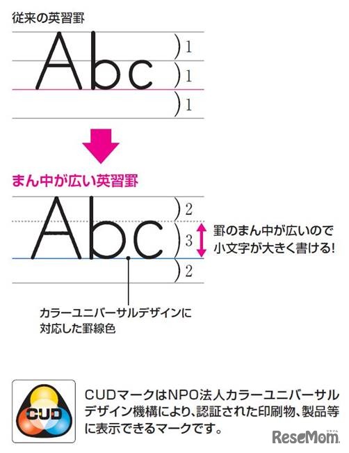 罫線のまん中が広くなったことで、英語を初めて学ぶ小学生でも小文字が大きく書きやすい