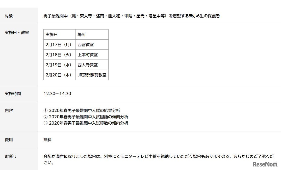 第1回 「男子最難関中進学説明会」開催概要