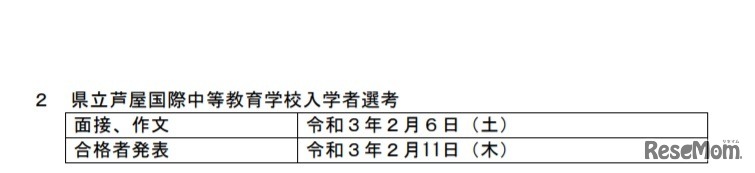 2021年度県立芦屋国際中等教育学校入学者選考の日程