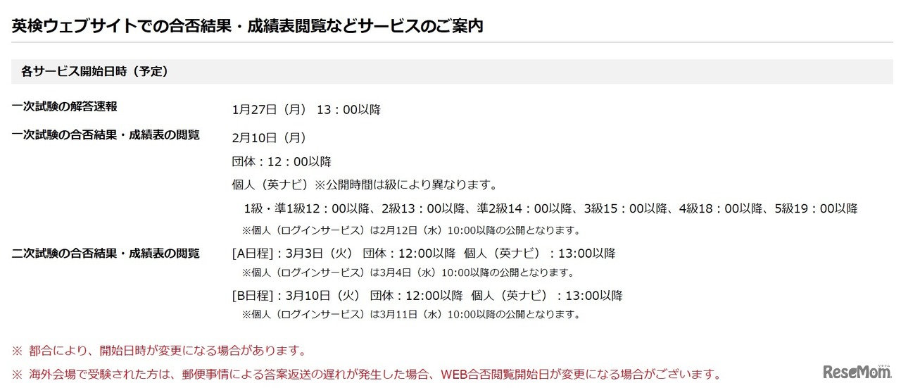 英検Webサイトでの合否結果・成績表閲覧などサービスの案内