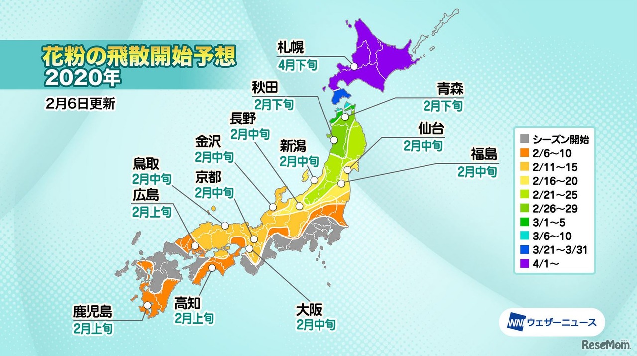 花粉の飛散開始予想（2020年）