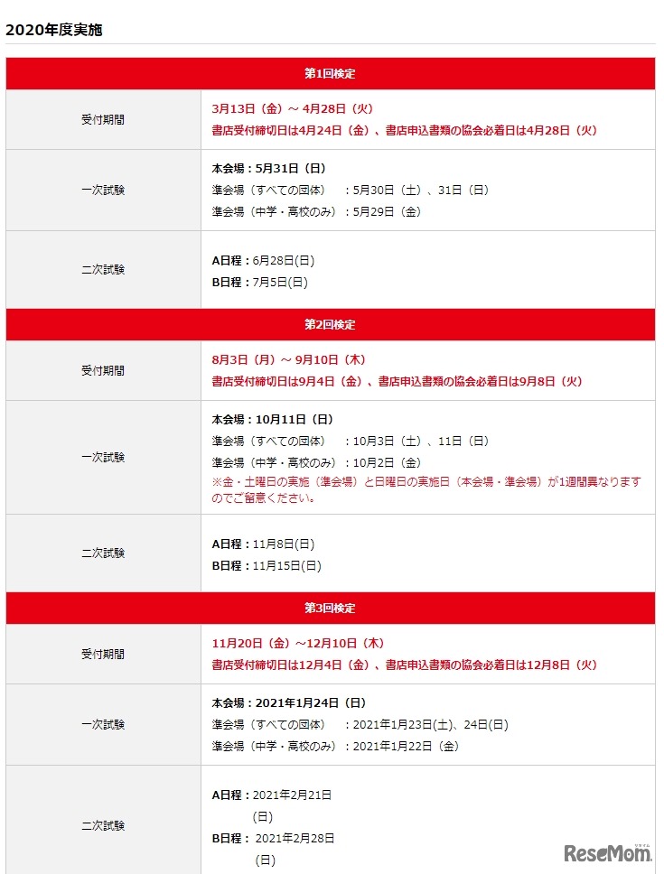 2020年度実施日程