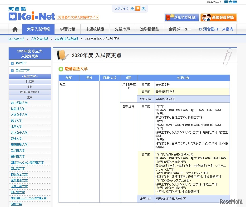 2020年度入試変更点（慶應義塾大学）