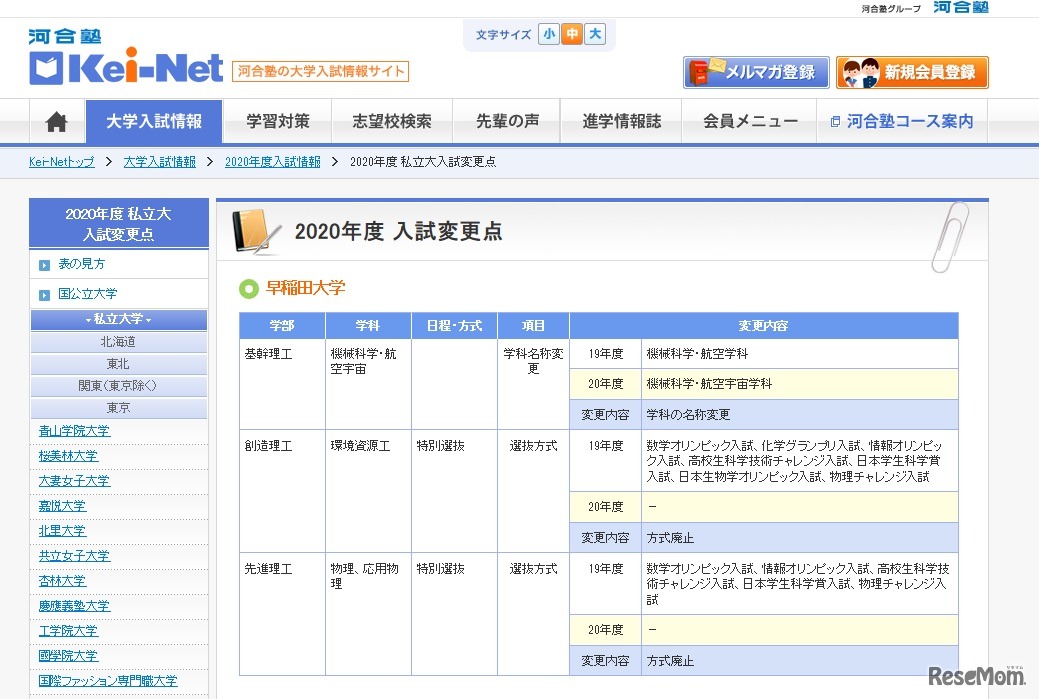 2020年度入試変更点（早稲田大学）