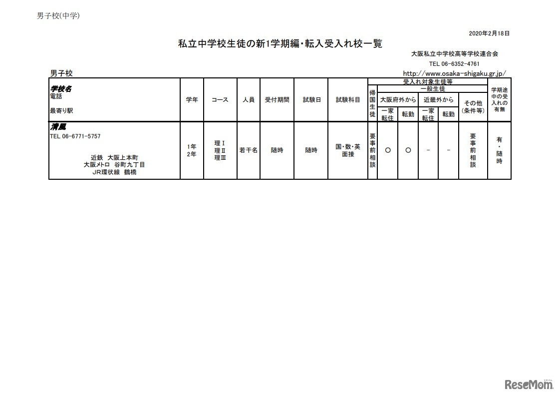 私立中学校生徒の新1学期編・転入受入校一覧（一部）