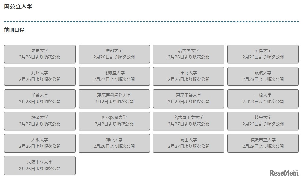 国公立大学2次試験の解答速報掲載予定（河合塾）