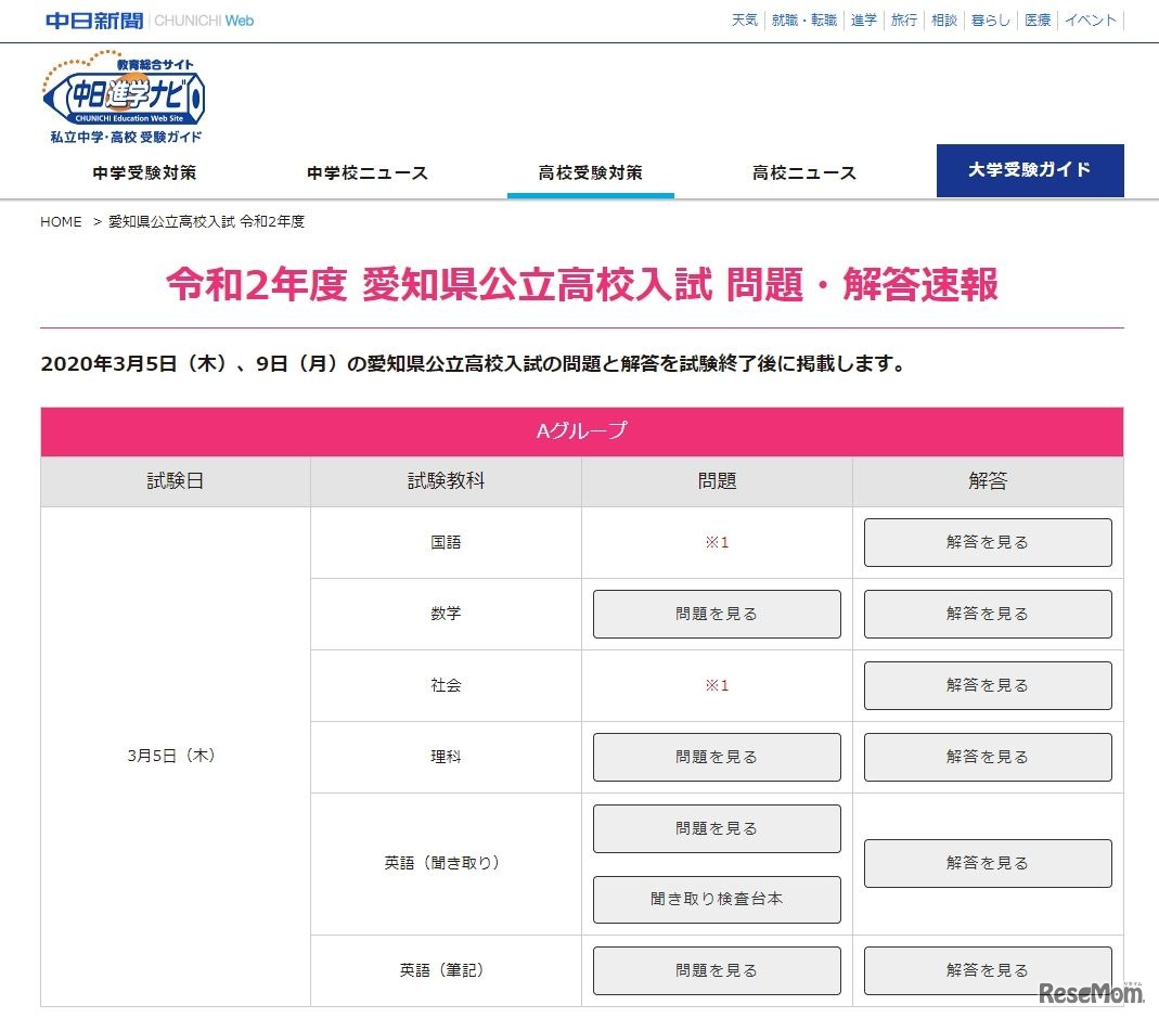 中日進学ナビ「令和2年度 愛知県公立高校入試 問題・解答速報」