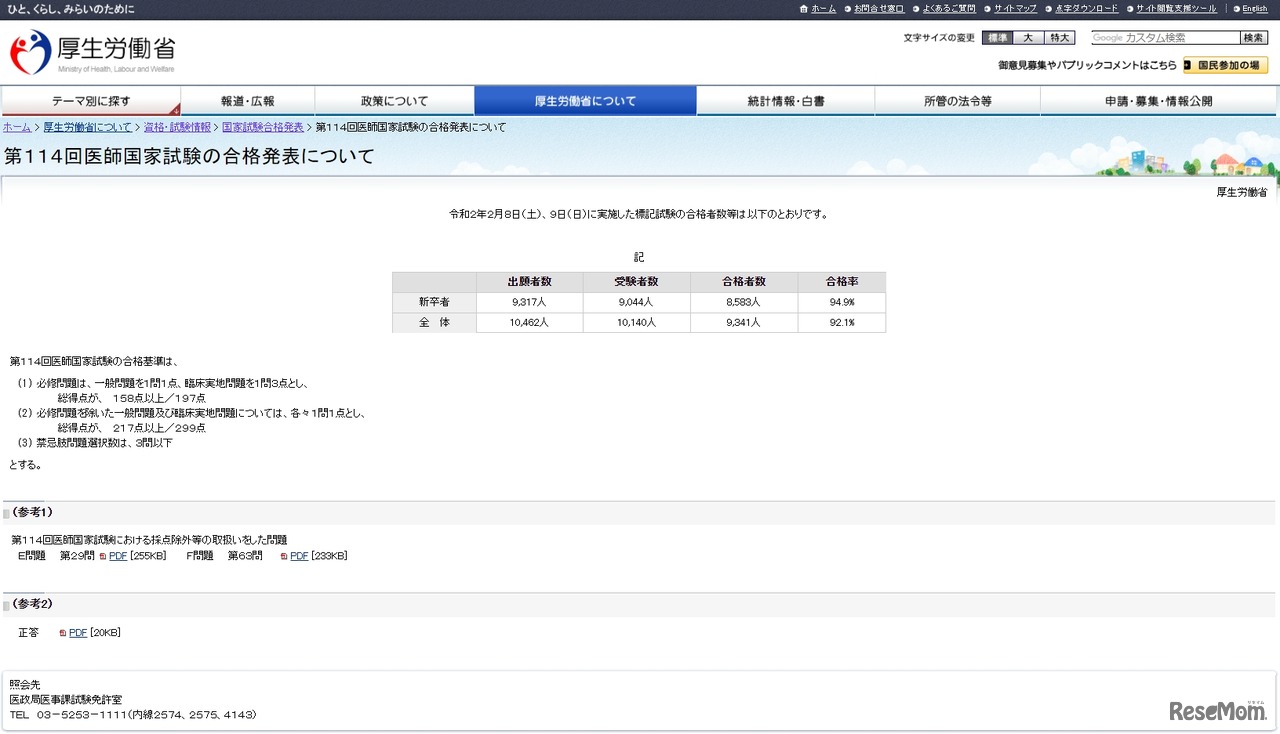 第114回医師国家試験の合格発表