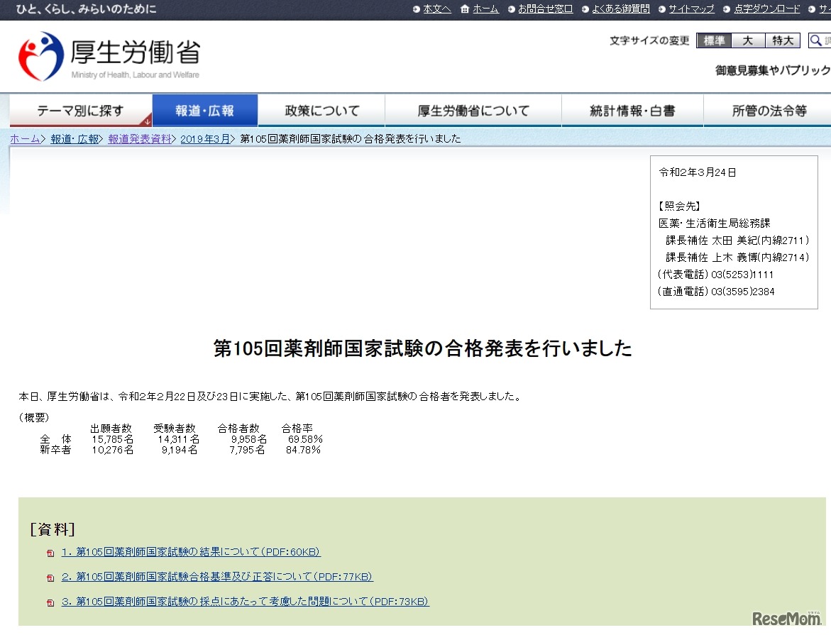 第105回薬剤師国家試験の合格発表