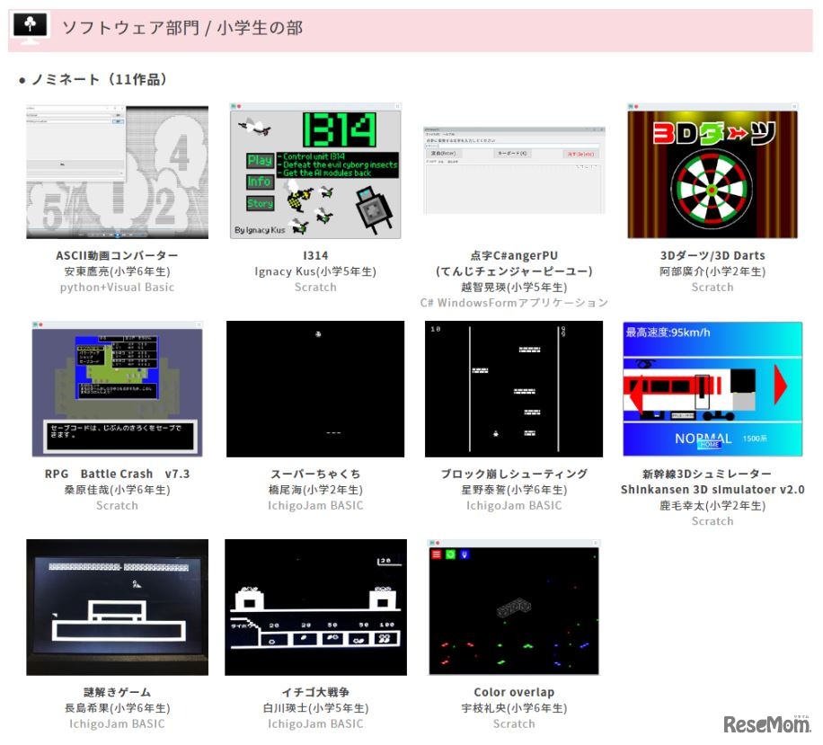 ノミネート作品（ソフトウェア部門 小学生の部）