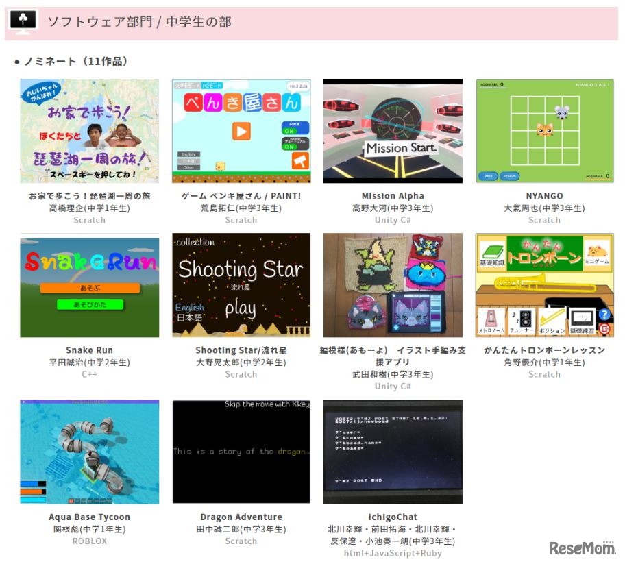ノミネート作品（ソフトウェア部門 中学生の部）