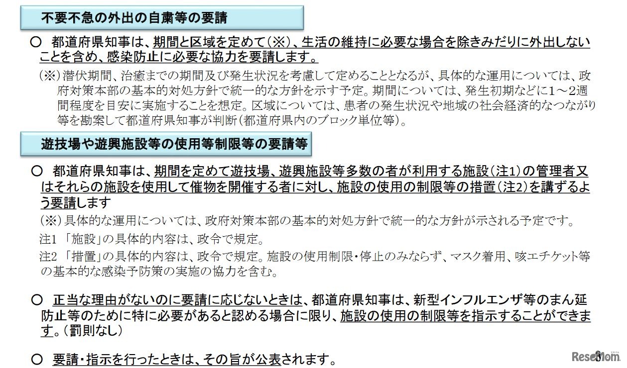 感染を防止するための協力要請の内容