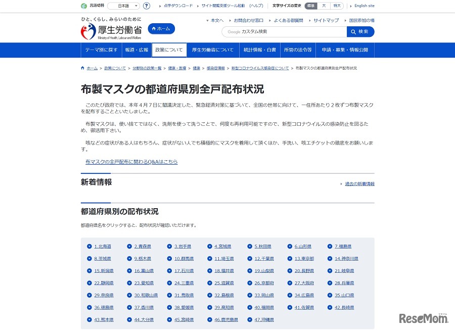布製マスクの都道府県別全戸配布状況